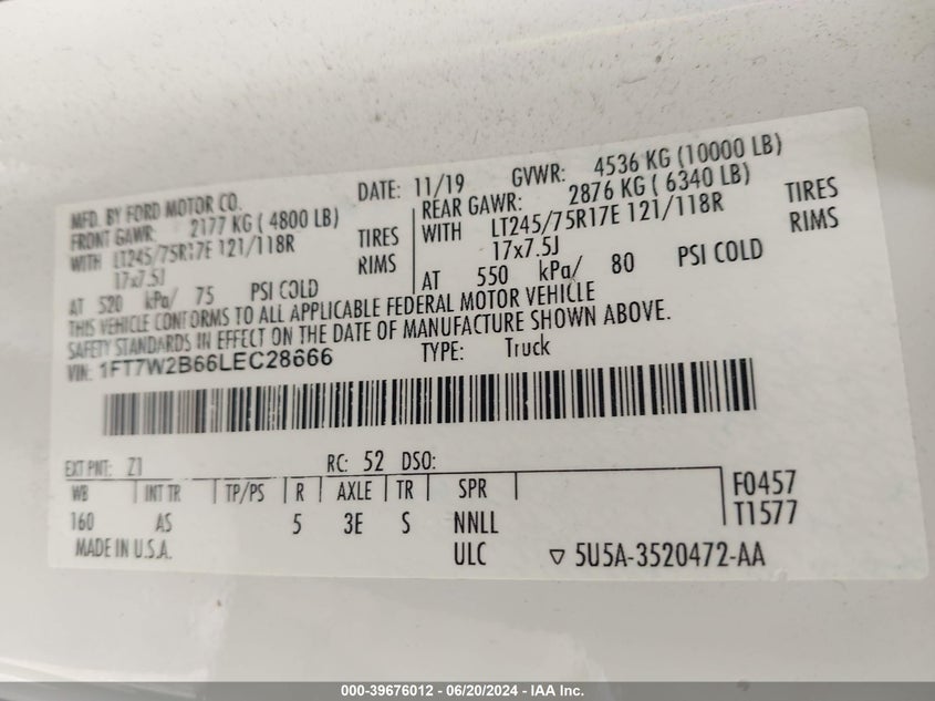 2020 Ford F-250 Xl VIN: 1FT7W2B66LEC28666 Lot: 39676012