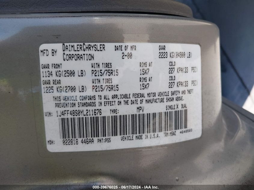 2000 Jeep Cherokee Sport VIN: 1J4FF48S0YL211676 Lot: 39676025