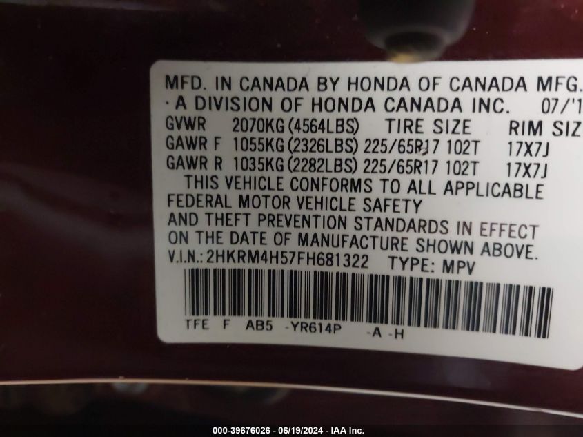 2015 Honda Cr-V Ex VIN: 2HKRM4H57FH681322 Lot: 39676026