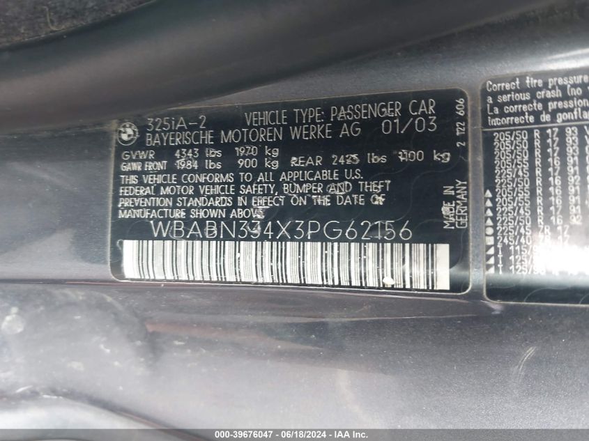 2003 BMW 325Ci VIN: WBABN334X3PG62156 Lot: 39676047