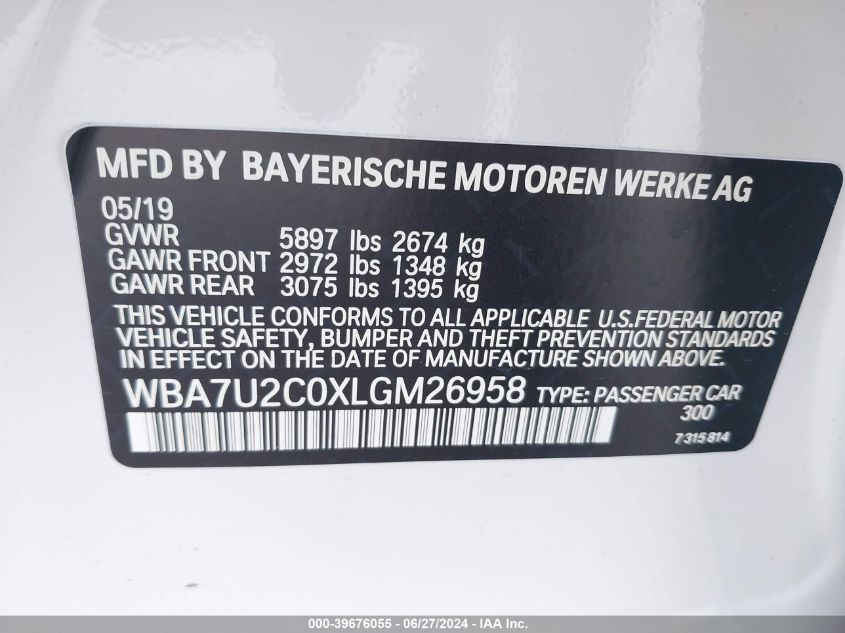 2020 BMW 750I xDrive VIN: WBA7U2C0XLGM26958 Lot: 39676055