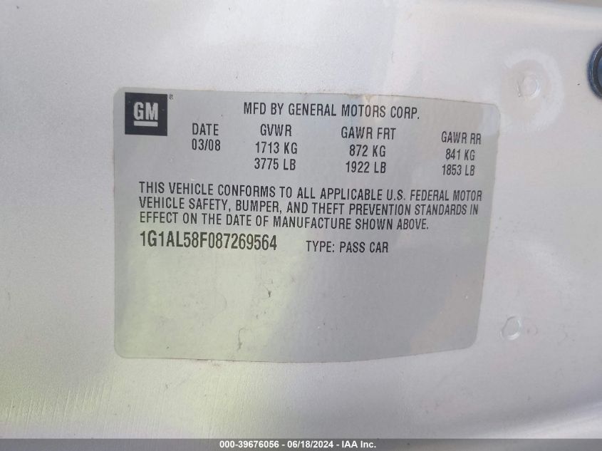 2008 Chevrolet Cobalt Lt VIN: 1G1AL58F087269564 Lot: 39676056