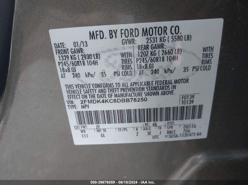 2013 Ford Edge Limited VIN: 2FMDK4KC8DBB78250 Lot: 39676059