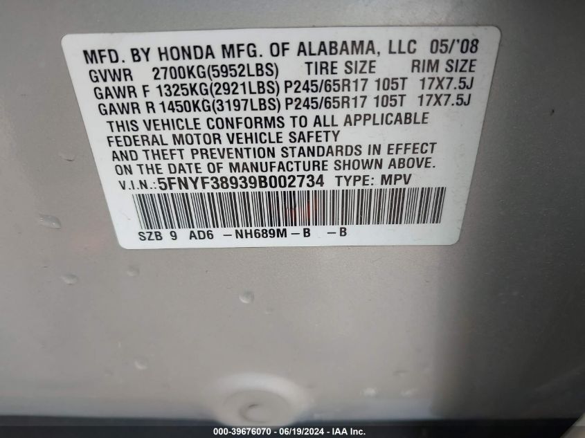 2009 Honda Pilot Touring VIN: 5FNYF38939B002734 Lot: 39676070