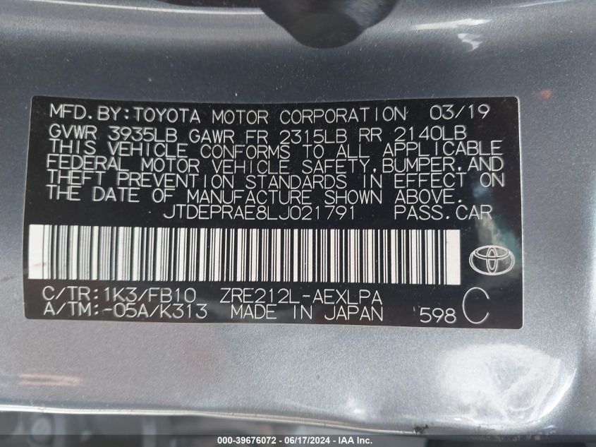 2020 Toyota Corolla Le VIN: JTDEPRAE8LJ021791 Lot: 39676072