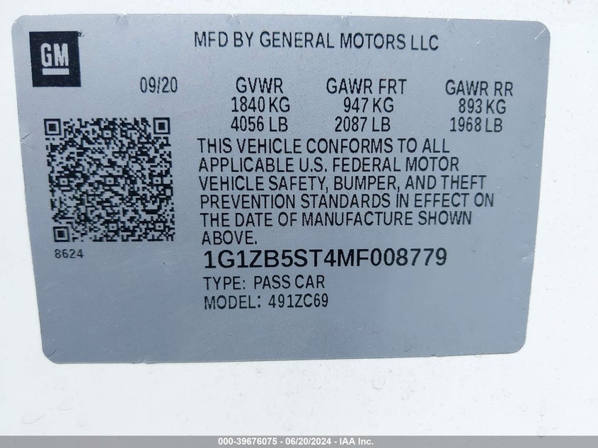 2021 Chevrolet Malibu Fwd Ls VIN: 1G1ZB5ST4MF008779 Lot: 39676075