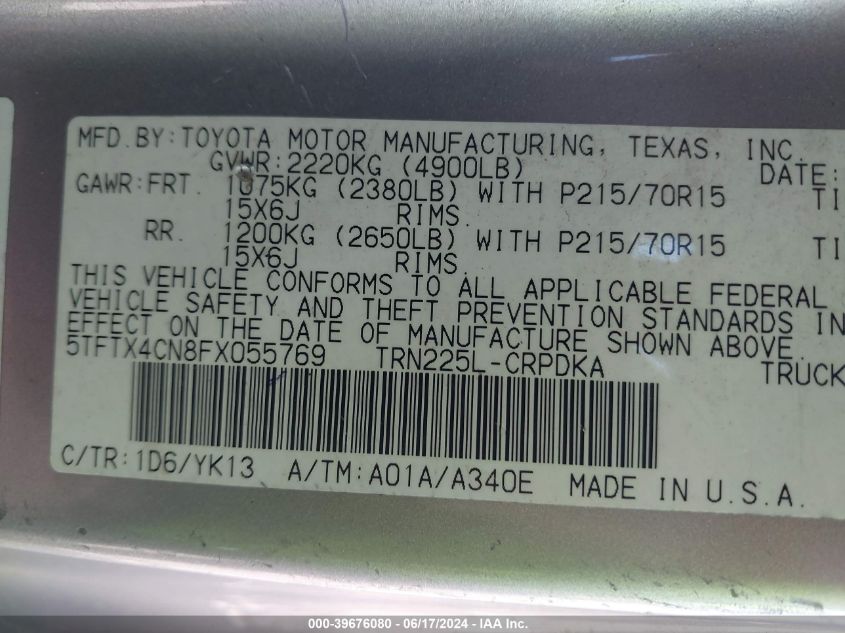 2015 Toyota Tacoma VIN: 5TFTX4CN8FX055769 Lot: 39676080