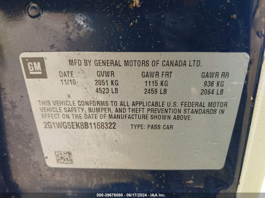 2011 Chevrolet Impala Lt VIN: 2G1WG5EK8B1168322 Lot: 39676088