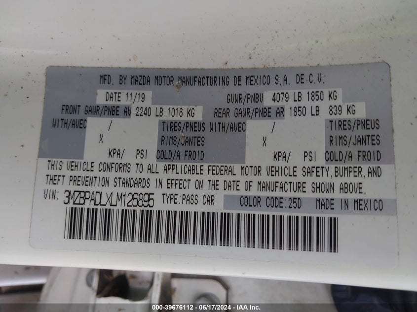 VIN 3MZBPADLXLM126895 2020 MAZDA MAZDA3 PREFERRED PACKAGE