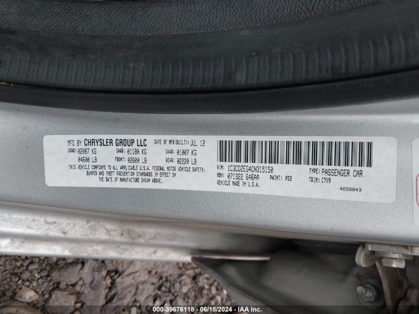 2012 Dodge Avenger Sxt Plus VIN: 1C3CDZEG4CN315150 Lot: 39676118