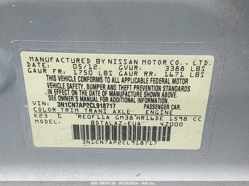 2012 Nissan Versa 1.6 S VIN: 3N1CN7AP2CL918717 Lot: 39676136