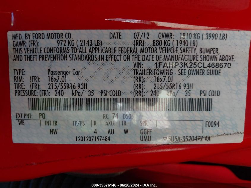 2012 Ford Focus Se VIN: 1FAHP3K25CL468670 Lot: 39676146