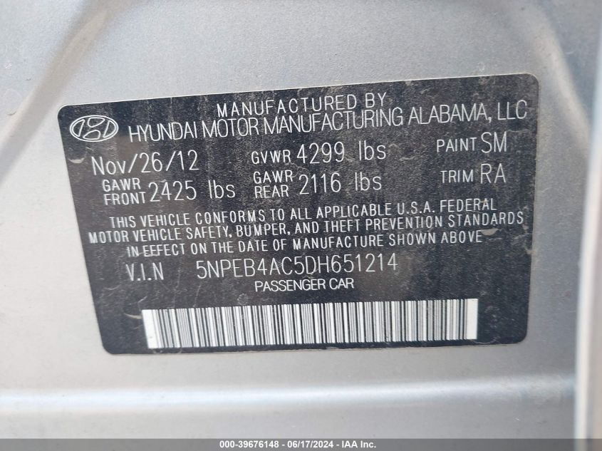 2013 Hyundai Sonata Gls VIN: 5NPEB4AC5DH651214 Lot: 39676148