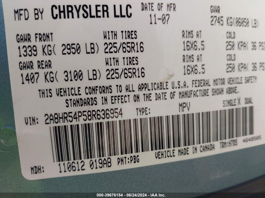 2008 Chrysler Town & Country Touring VIN: 2A8HR54P58R636954 Lot: 39676154