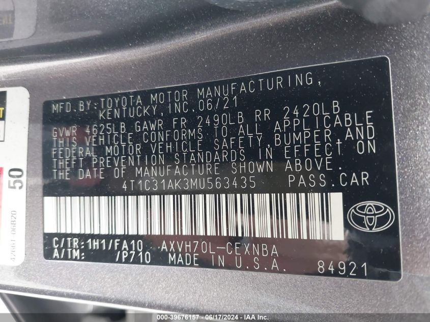 2021 Toyota Camry Le Hybrid VIN: 4T1C31AK3MU563435 Lot: 39676157