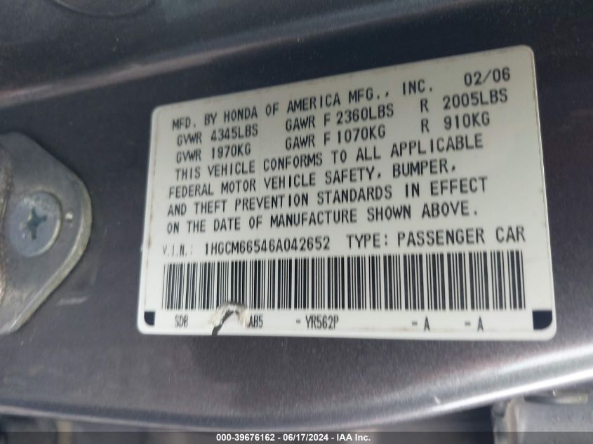 2006 Honda Accord 3.0 Ex VIN: 1HGCM66546A042652 Lot: 39676162