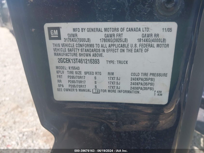 2006 Chevrolet Silverado 1500 Lt2 VIN: 2GCEK13T461216393 Lot: 39676163