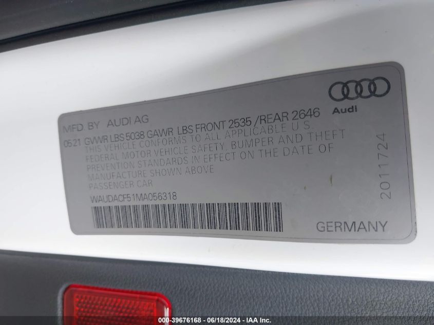 2021 Audi A5 Sportback Premium 45 Tfsi Quattro S Tronic VIN: WAUDACF51MA056318 Lot: 39676168