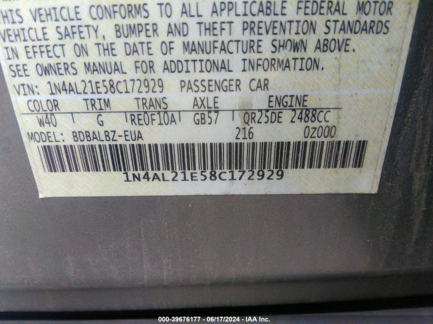 2008 Nissan Altima 2.5 Sl VIN: 1N4AL21E58C172929 Lot: 39676177