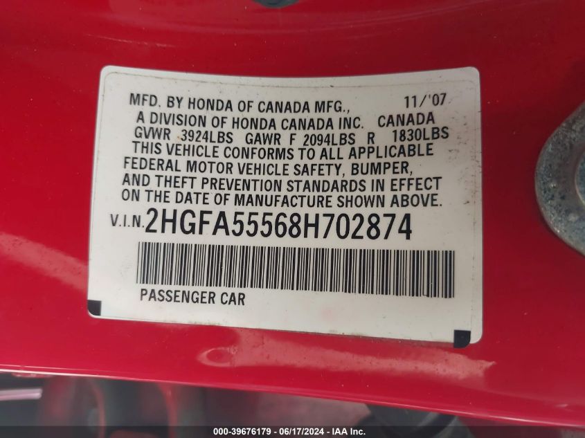 2008 Honda Civic Si/Si Mugen VIN: 2HGFA55568H702874 Lot: 39676179