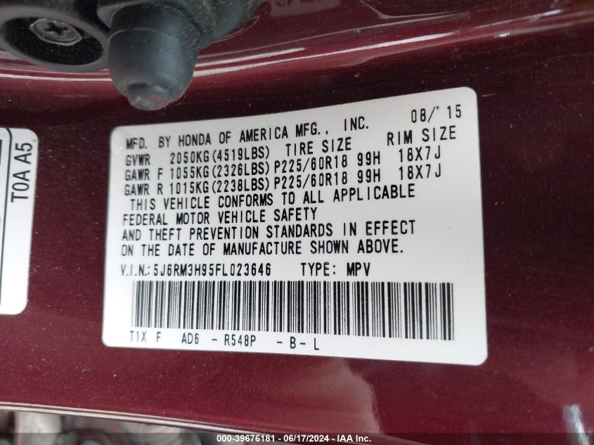 2015 Honda Cr-V Touring VIN: 5J6RM3H95FL023646 Lot: 39676181