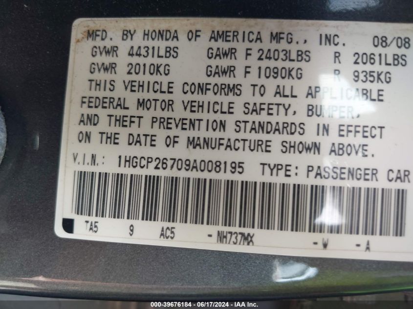 2009 Honda Accord 2.4 Ex VIN: 1HGCP26709A008195 Lot: 39676184