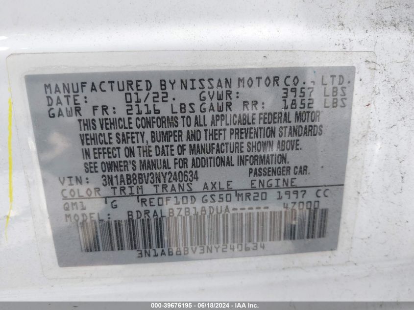 2022 Nissan Sentra S Xtronic Cvt VIN: 3N1AB8BV3NY240634 Lot: 39676195