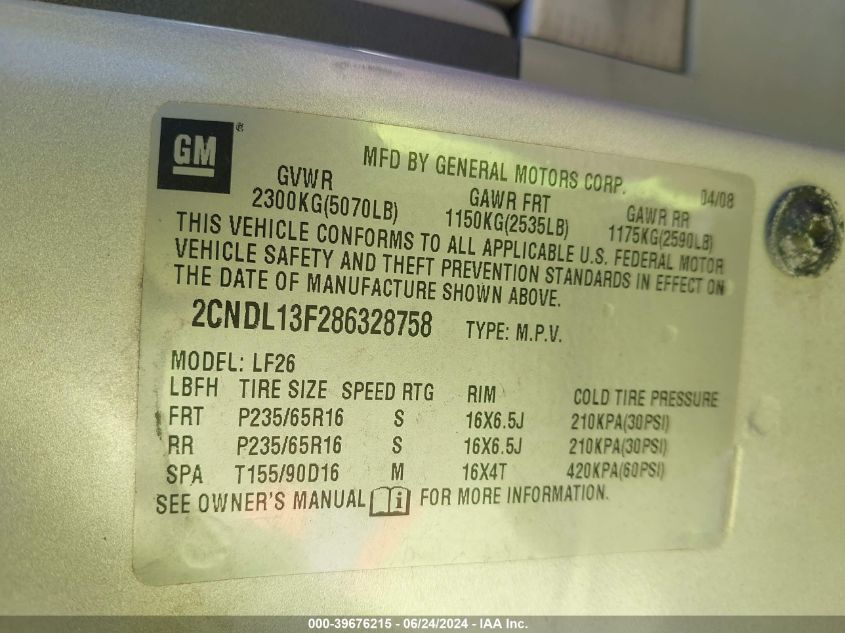 2008 Chevrolet Equinox Ls VIN: 2CNDL13F286328758 Lot: 39676215