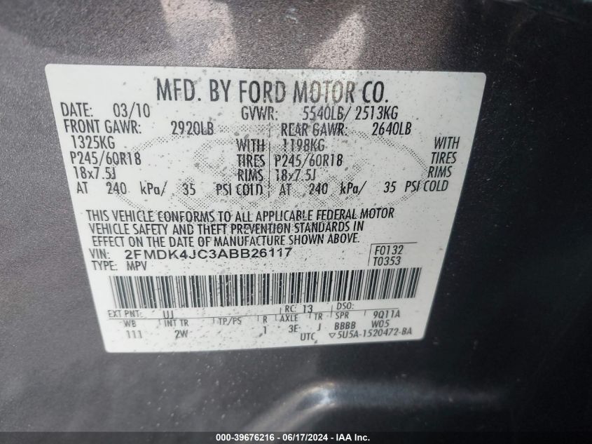 2010 Ford Edge Sel VIN: 2FMDK4JC3ABB21117 Lot: 39676216