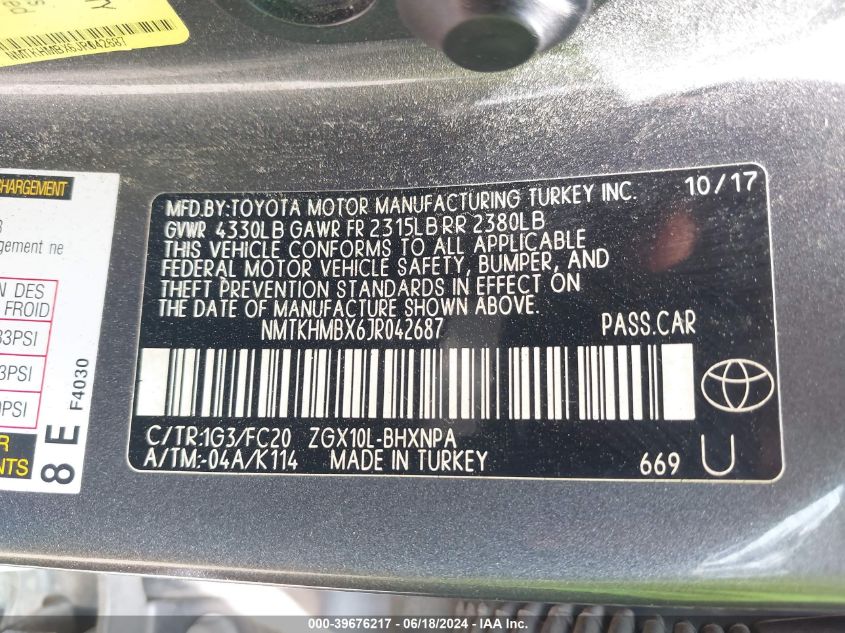 2018 Toyota C-Hr Xle VIN: NMTKHMBX6JR042687 Lot: 39676217