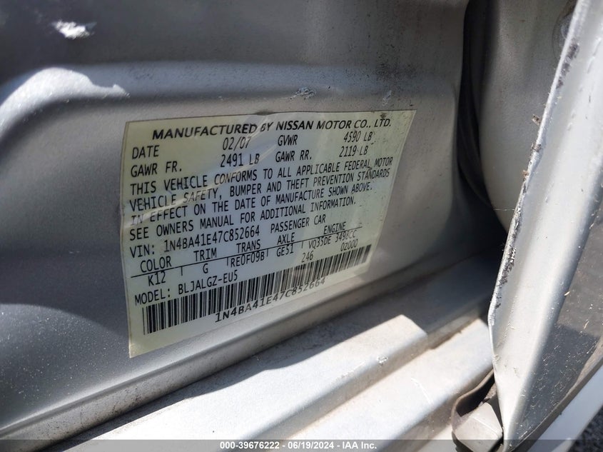 2007 Nissan Maxima 3.5 Sl VIN: 1N4BA41E47C852664 Lot: 39676222