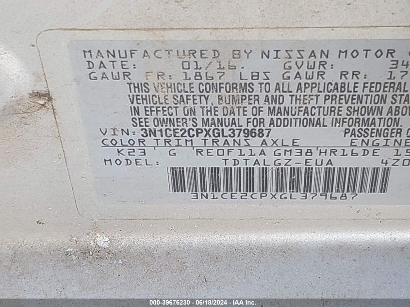 3N1CE2CPXGL379687 2016 Nissan Versa Note Sr