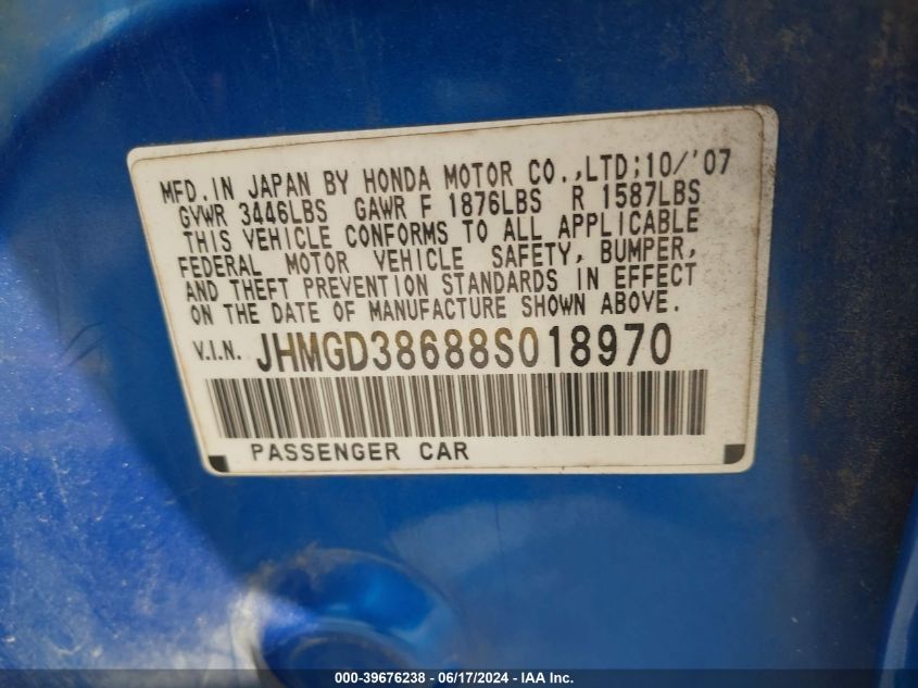 2008 Honda Fit Sport VIN: JHMGD38688S018970 Lot: 39676238