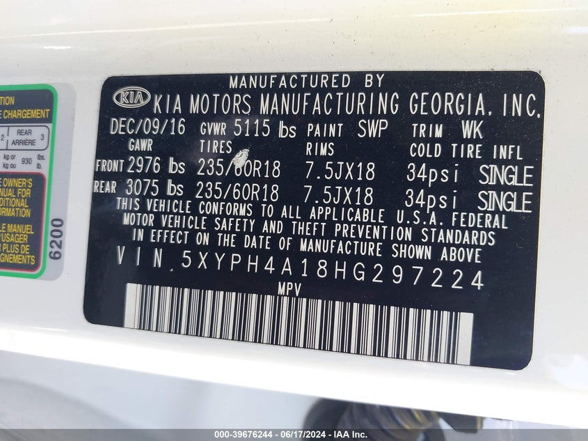 2017 Kia Sorento 2.0T Ex VIN: 5XYPH4A18HG297224 Lot: 39676244
