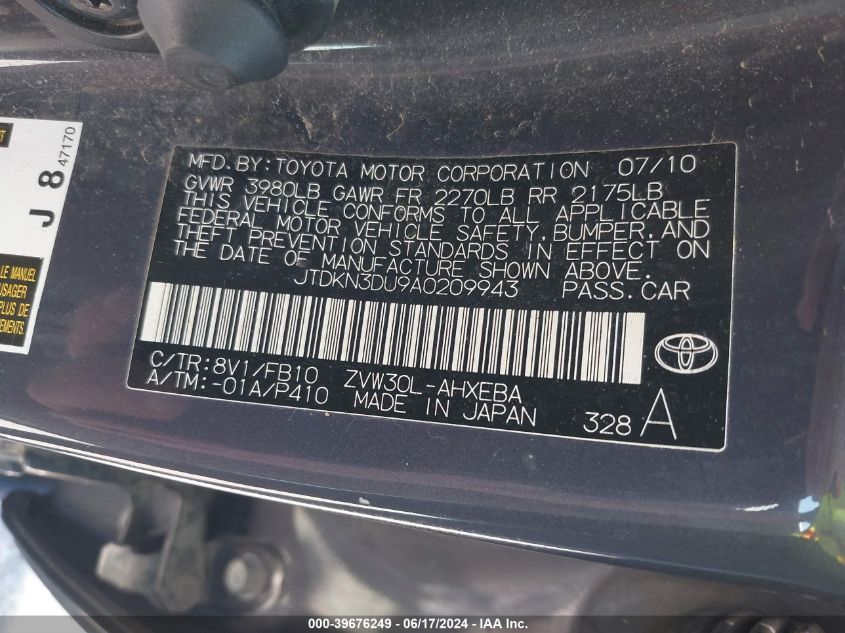 2010 Toyota Prius Iii VIN: JTDKN3DU9A0209943 Lot: 39676249