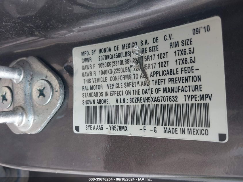 2010 Honda Cr-V Ex VIN: 3CZRE4H5XAG707632 Lot: 39676254