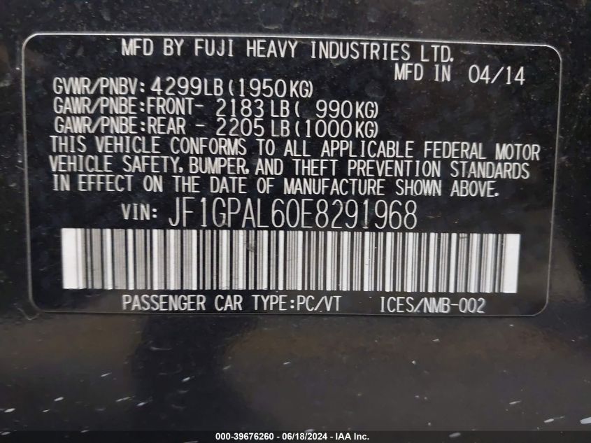 2014 Subaru Impreza 2.0I Sport Premium VIN: JF1GPAL60E8291968 Lot: 39676260