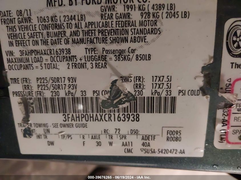 2012 Ford Fusion Se VIN: 3FAHP0HAXCR163938 Lot: 39676265