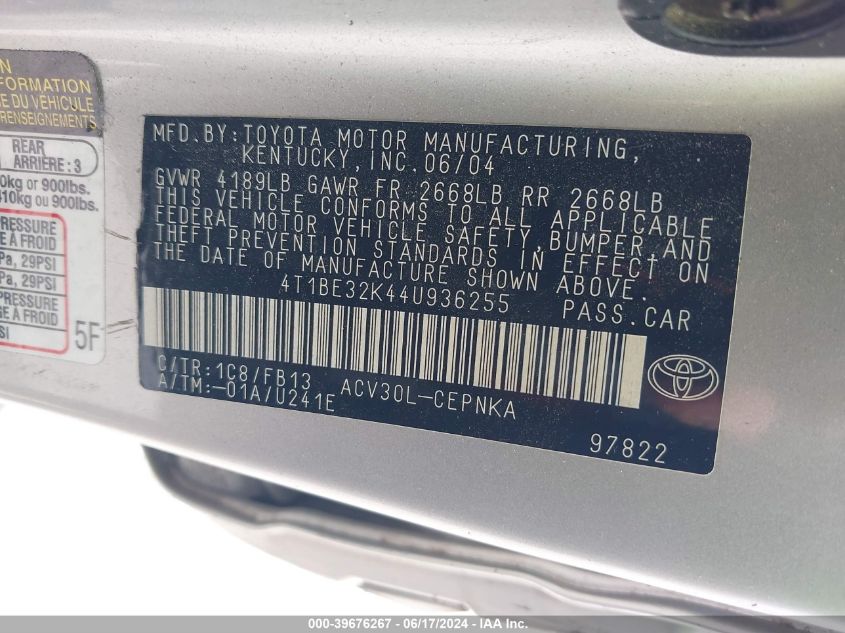 2004 Toyota Camry Le VIN: 4T1BE32K44U936255 Lot: 39676267