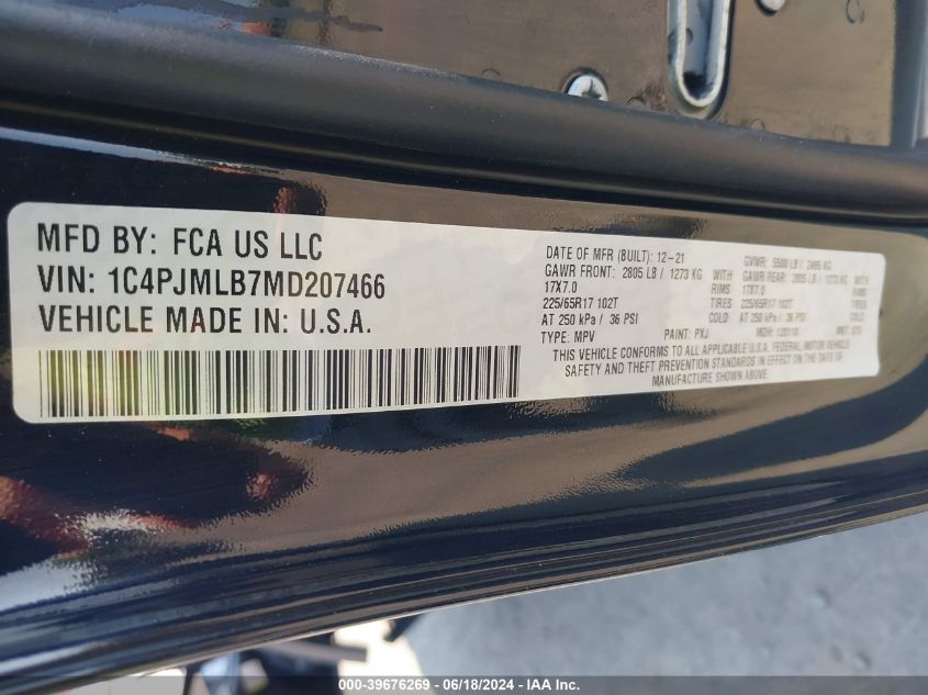 2021 Jeep Cherokee Latitude Plus 4X4 VIN: 1C4PJMLB7MD207466 Lot: 39676269