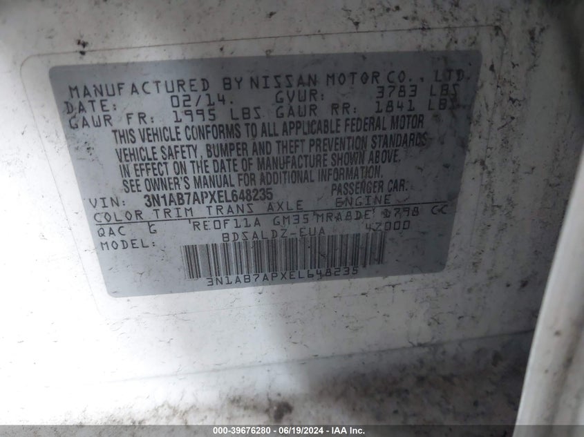 2014 Nissan Sentra S/Sv/Sr/Sl VIN: 3N1AB7APXEL648235 Lot: 39676280