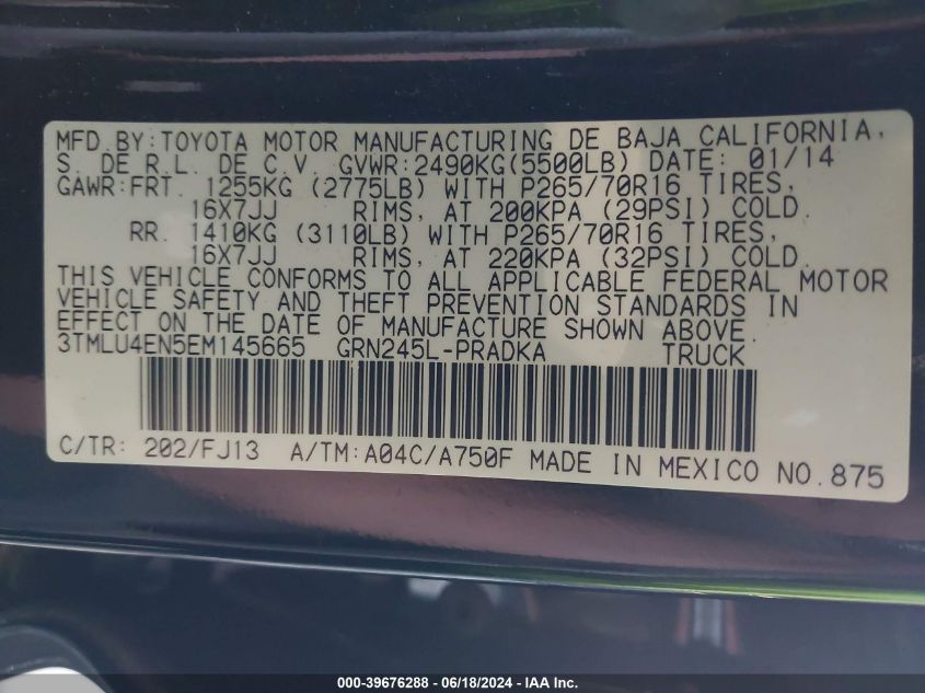 2014 Toyota Tacoma Base V6 VIN: 3TMLU4EN5EM145665 Lot: 39676288