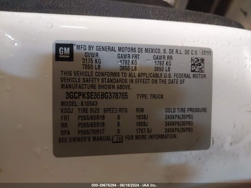 2011 Chevrolet Silverado 1500 Lt VIN: 3GCPKSE36BG378765 Lot: 39676294