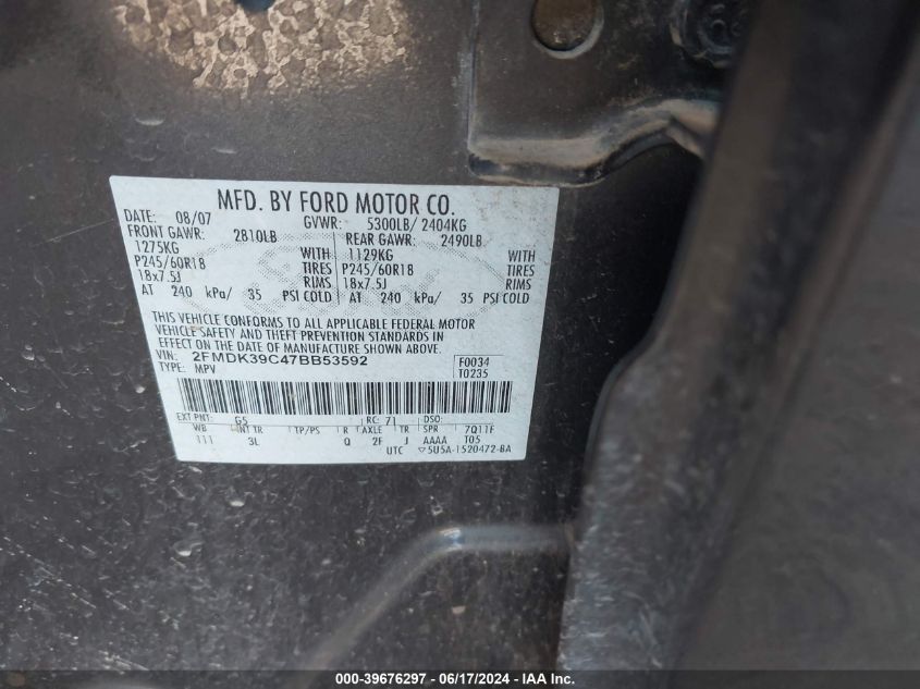 2007 Ford Edge Sel Plus VIN: 2FMDK39C47BB53592 Lot: 39676297