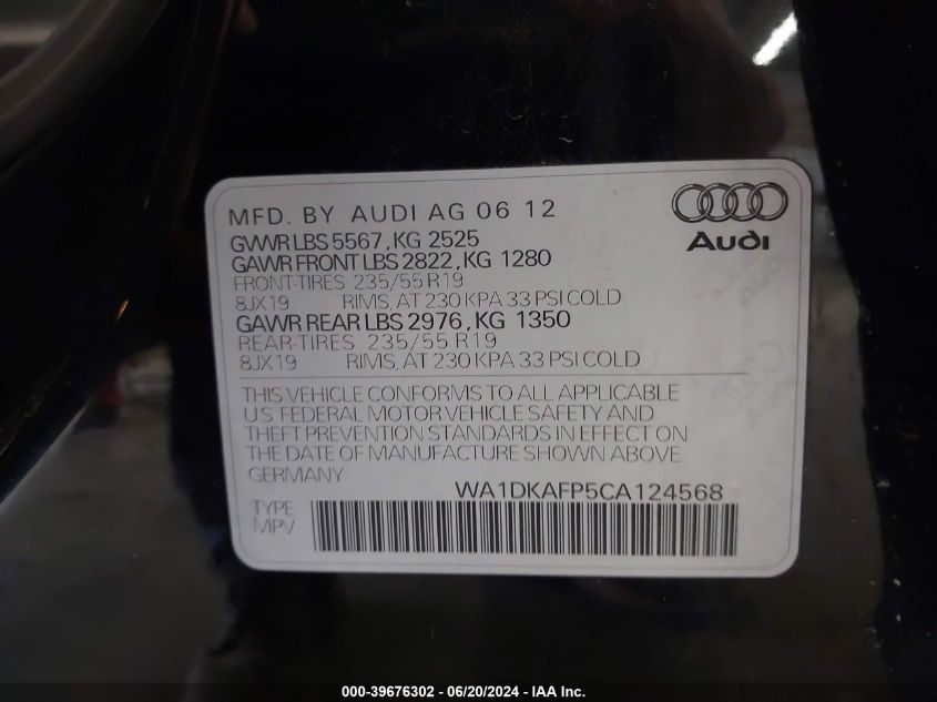 2012 Audi Q5 Premium Plus VIN: WA1DKAFP5CA124568 Lot: 39676302