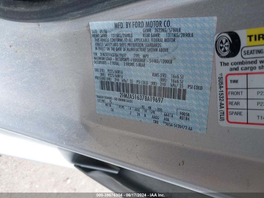 2007 Ford Freestar Se VIN: 2FMZA51637BA19697 Lot: 39676304