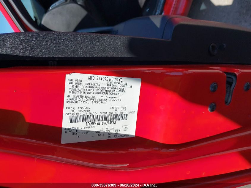 2008 Ford Focus Se VIN: 1FAHP35N18W274858 Lot: 39676309