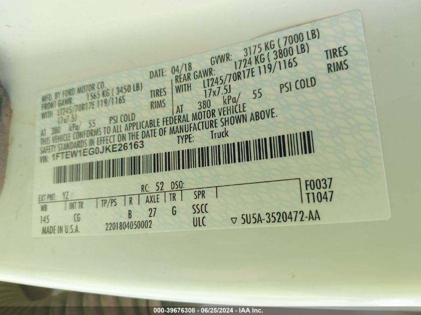 2018 Ford F-150 Xl VIN: 1FTEW1EG0JKE26163 Lot: 39676308