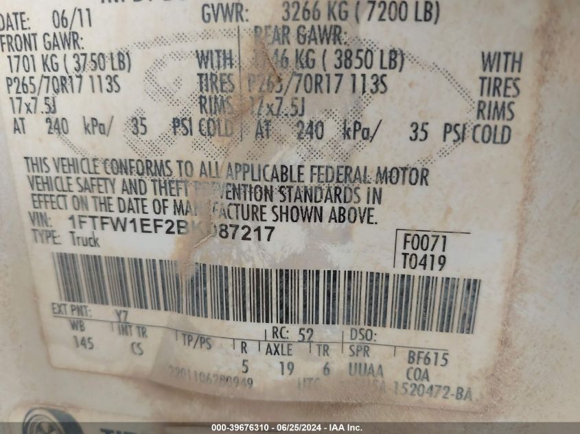2011 Ford F-150 Xl VIN: 1FTFW1EF2BKD87217 Lot: 39676310
