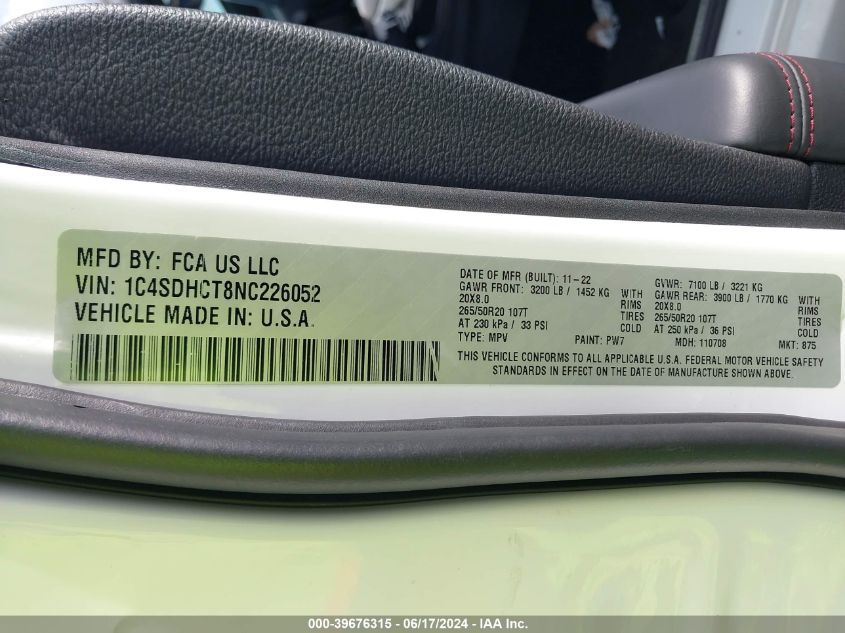 2022 Dodge Durango R/T Rwd VIN: 1C4SDHCT8NC226052 Lot: 39676315